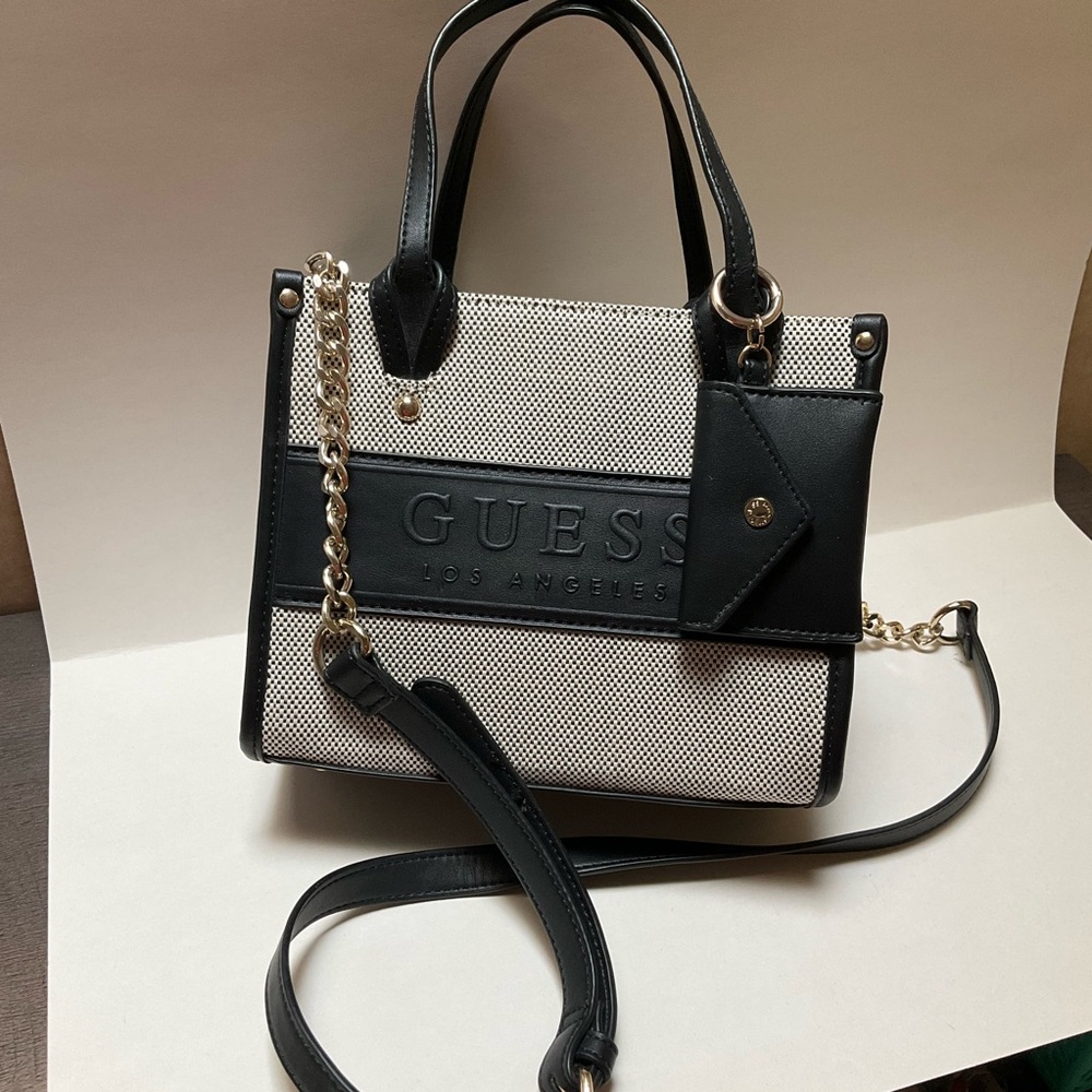 GUESS Maya Color-Block Canvas Tote top handles GUESS Black & Cream Handbag